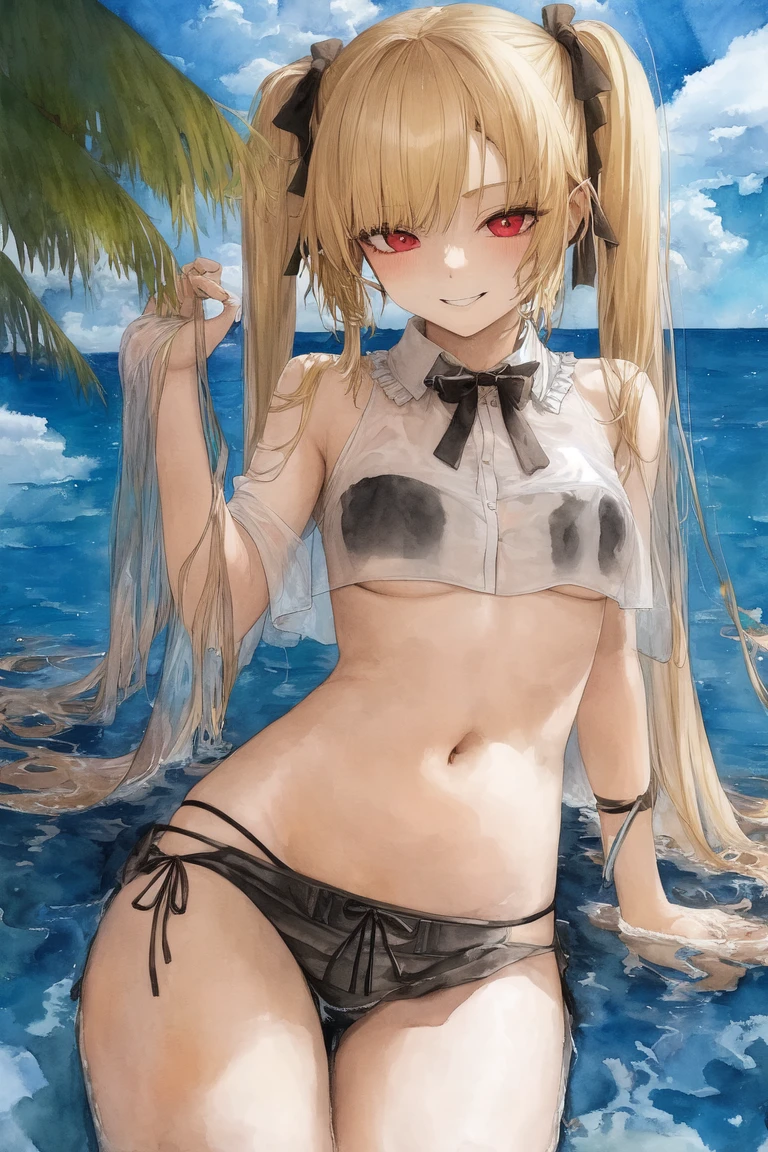 [Holara] Twin tails Watercolor painting Small breasts Grinning Under boob Masterpiece See-through [Illustration]